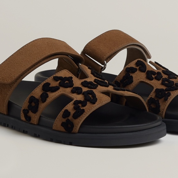 New HERMES CHYPRE WOMEN SANDALS Brown Suede Brun Fumé / Noir Leopard SIZE 37/ 7 - Picture 6 of 7